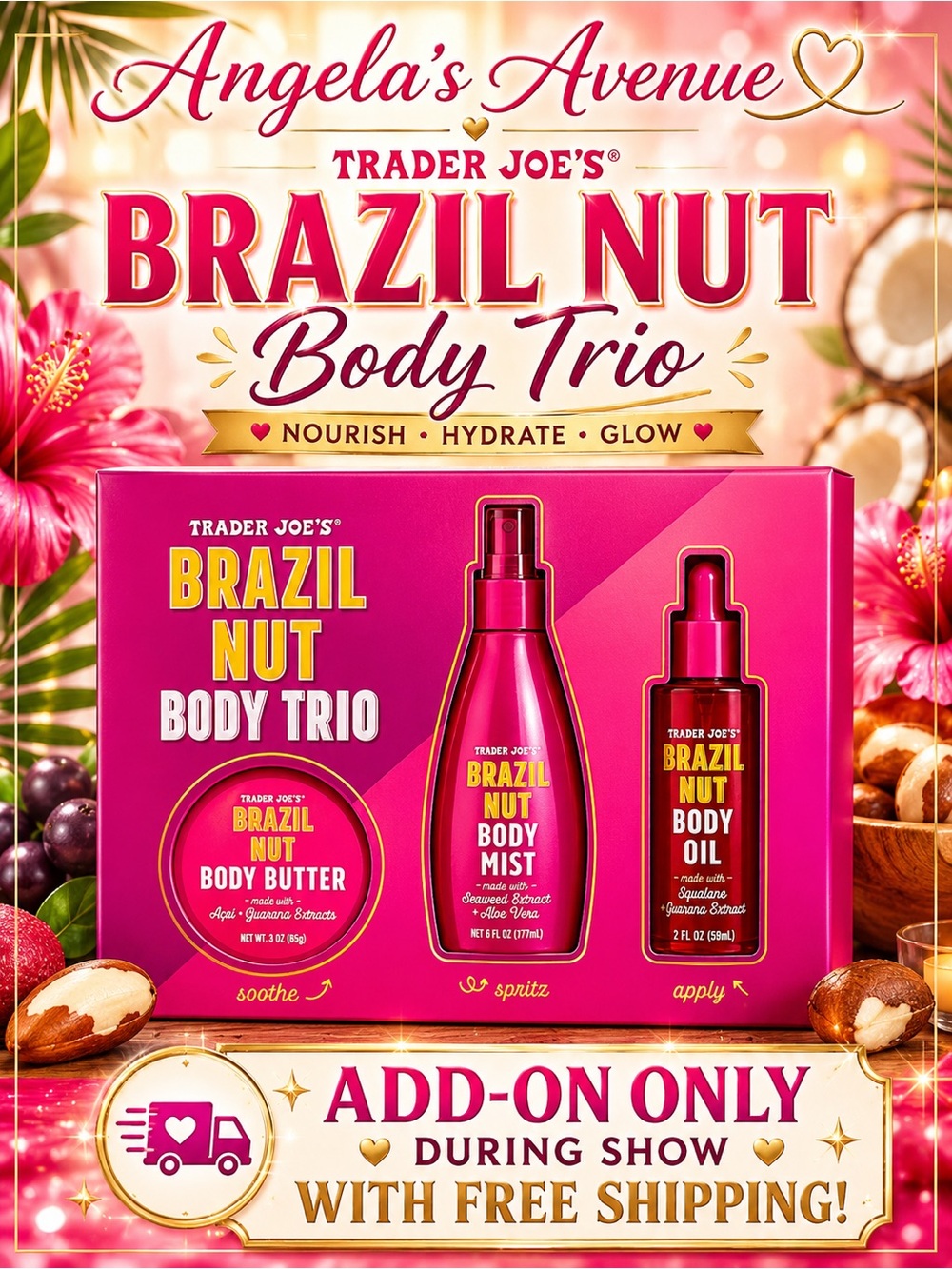 ๐๐๐-๐๐ ๐๐๐๐ ๐๐ฎ๐ซ๐ข๐ง๐ ๐๐ก๐จ๐ฐ Trader Joe's Brazil Nut Body Trio - ๐
๐๐๐ ๐๐๐๐๐๐๐๐
